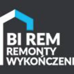 Logo firmy BI REM Remonty Wykończenia z elementem graficznym przedstawiającym stylizowany dom z niebieskim dachem.