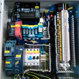 Otwarta skrzynka rozdzielcza z widocznymi bezpiecznikami, przekaźnikami, zasilaczami, listwami zaciskowymi i okablowaniem w kolorach niebieskim, czarnym i żółto-zielonym, z naklejkami...