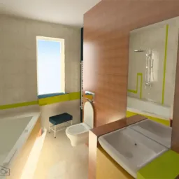 Wizualizacja łazienki z beżowymi płytkami, akcentami w kolorze limonki i drewnianą zabudową, obejmująca wannę, toaletę, umywalkę z lustrem i mały, ciemny stołek.