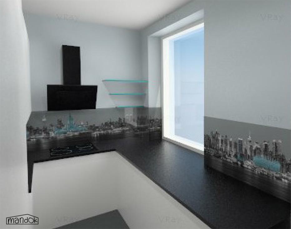 Wizualizacja nowoczesnej kuchni z czarnym blatem, okładziną ścienną z motywem panoramy miasta i minimalistycznym okapem. Szklane półki i duże okno doświetlają wnętrze.