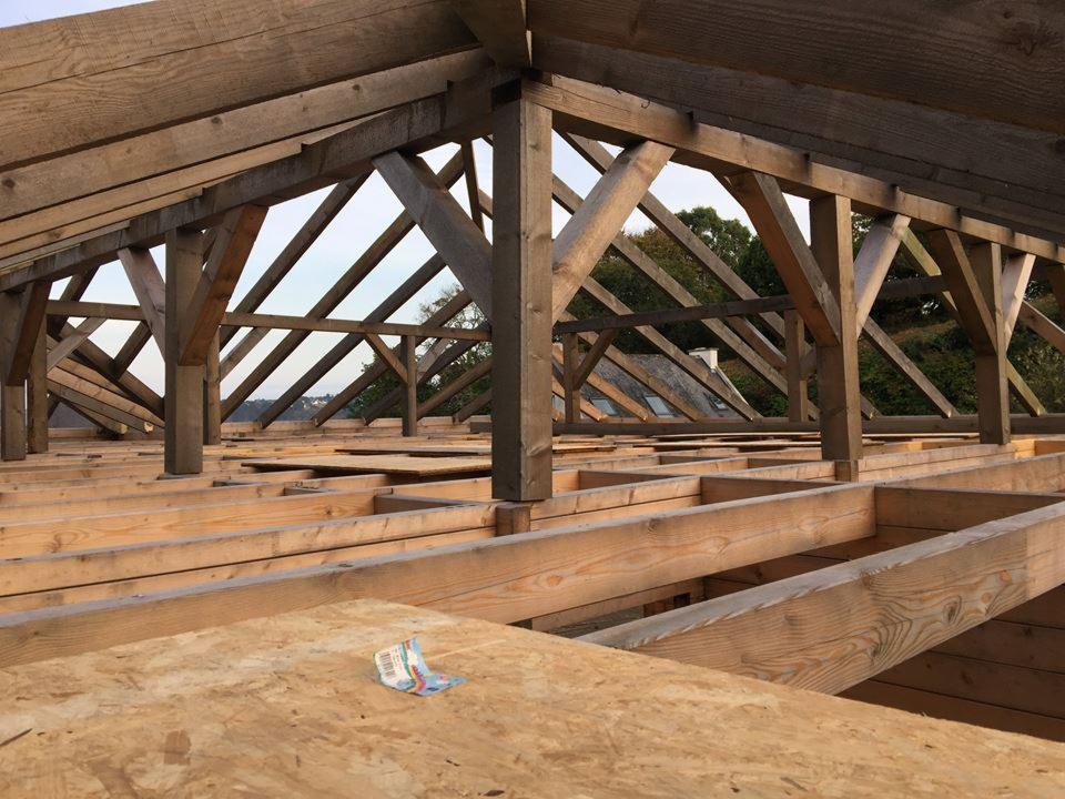 Konstrukcja drewniana dachu w trakcie budowy, widoczne belki, słupy i płyty OSB, z fragmentem nieba i zieleni w tle, oraz porzuconym opakowaniem po produkcie budowlanym.