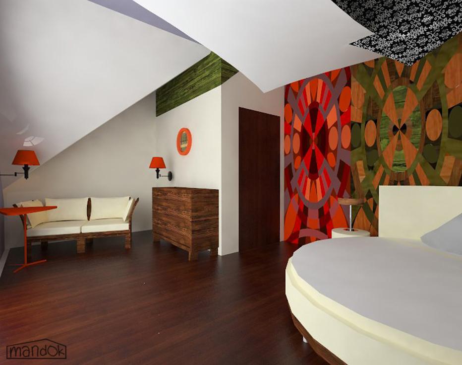 Wizualizacja sypialni na poddaszu z okrągłym łóżkiem, wzorzystą ścianą w geometryczne motywy, drewnianą komodą i sofą z palet, oświetloną pomarańczowymi lampkami.