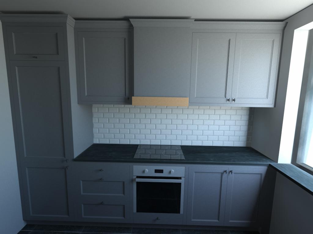 Szara zabudowa kuchenna z białymi kaflami na ścianie, czarnym blatem i płytą indukcyjną. Widoczne górne i dolne szafki oraz piekarnik.