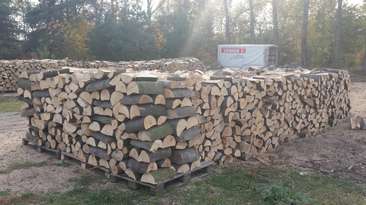 Ułożone na paletach, pocięte drewno kominkowe z widocznym logo firmy dostawcy na banerze w tle, na obrzeżach lasu.