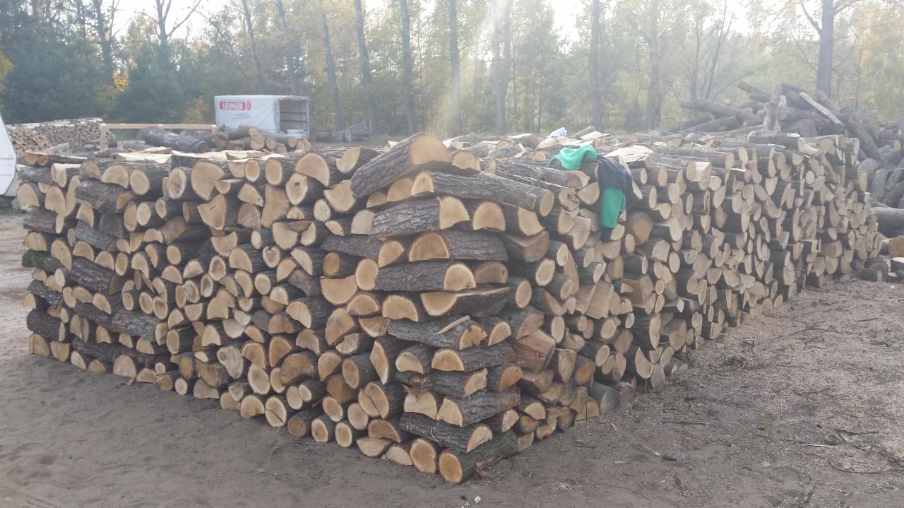 Rzędami ułożone, pocięte kawałki drewna na opał, z widocznym zielonym workiem na górze stosu, na tle drzew i szarej ziemi.