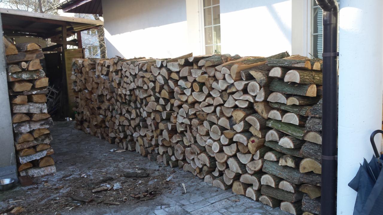 Rząd ułożonych polan przy ścianie budynku, obok drewniana wiata z ułożonymi szczapami, widoczna rynna spustowa i fragment parasola.