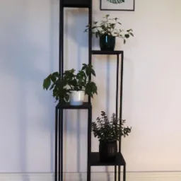 Czarny, metalowy kwietnik schodkowy z czterema półkami, na których stoją doniczki z różnymi roślinami, na ścianie grafika z liściem monstery