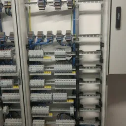 Rozdzielnica elektryczna z zainstalowanymi bezpiecznikami, przewodami i listwami zaciskowymi, widoczne kable w kolorze niebieskim i żółtym.