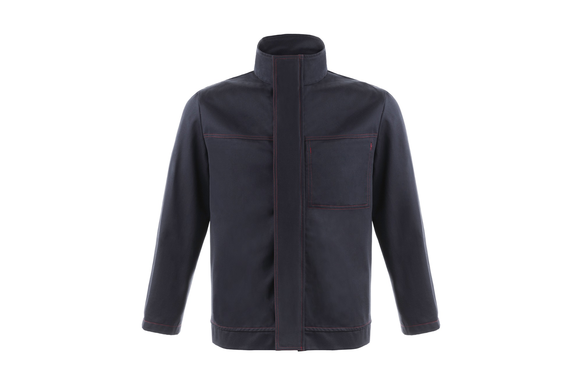 Granatowa kurtka robocza z czerwonymi przeszyciami, widoczna na białym tle, prezentująca detale wykończenia i krój.