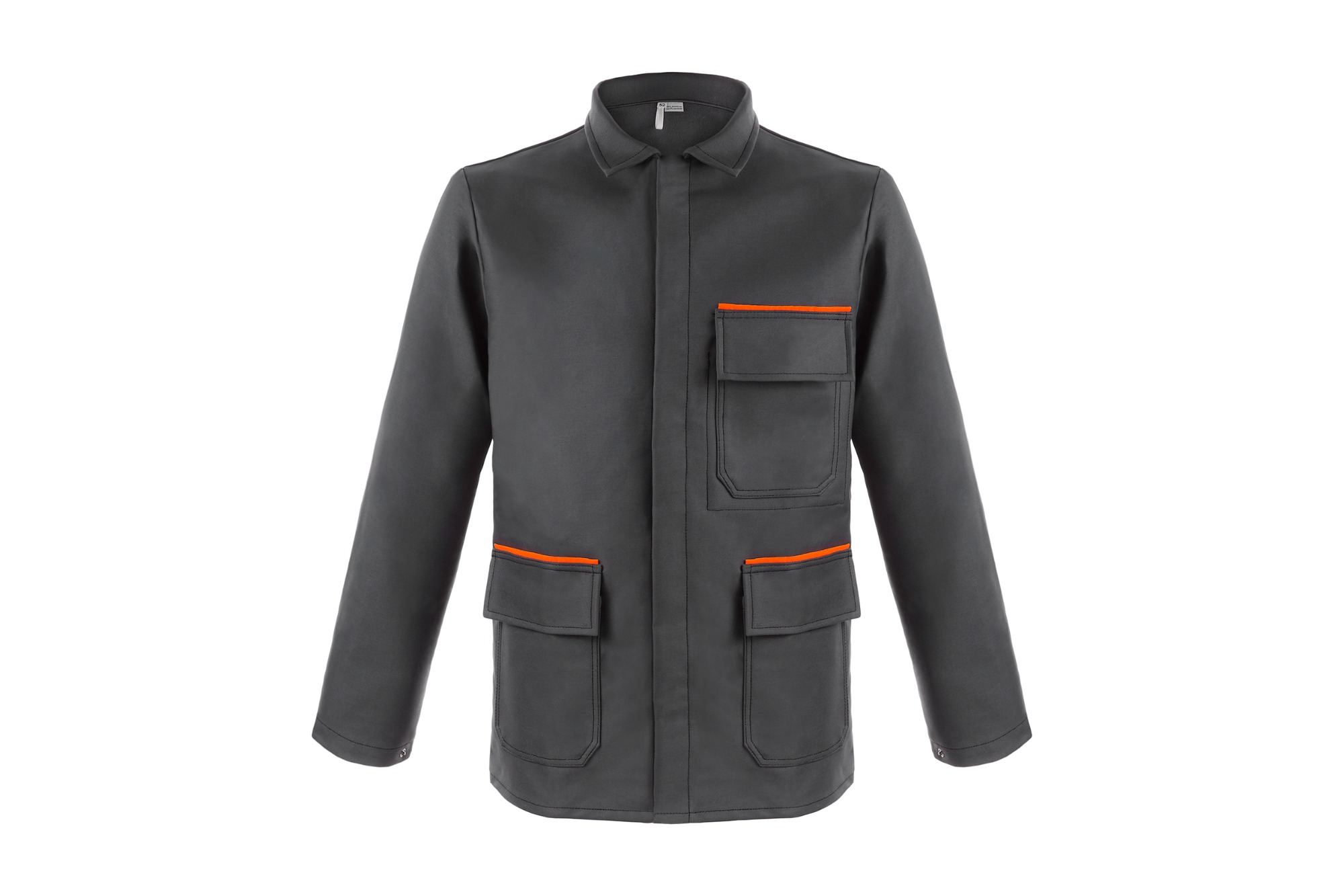 Szara robocza kurtka z kieszeniami i pomarańczowymi akcentami, prezentowana na białym tle.