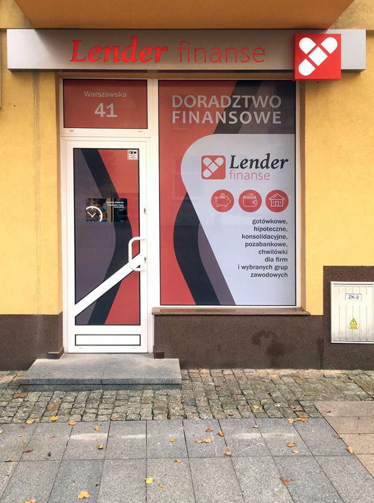 Fasada biura firmy finansowej Lender finanse z adresem Warszawska 41, oferującej doradztwo finansowe, kredyty gotówkowe, hipoteczne, konsolidacyjne, pozabankowe i chwilówki dla firm i wybranych...