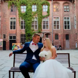 Uśmiechnięta para młoda siedzi na ławce na tle ceglanego dziedzińca z bluszczem, panna młoda trzyma bukiet z białych kwiatów, pan młody w granatowym garniturze i czerwonej muszce.