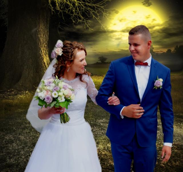 Para młoda w trakcie spaceru w plenerze, panna młoda trzyma bukiet z różowych i białych kwiatów, pan młody w niebieskim garniturze i bordowej muszce, w tle księżyc i drzewo.