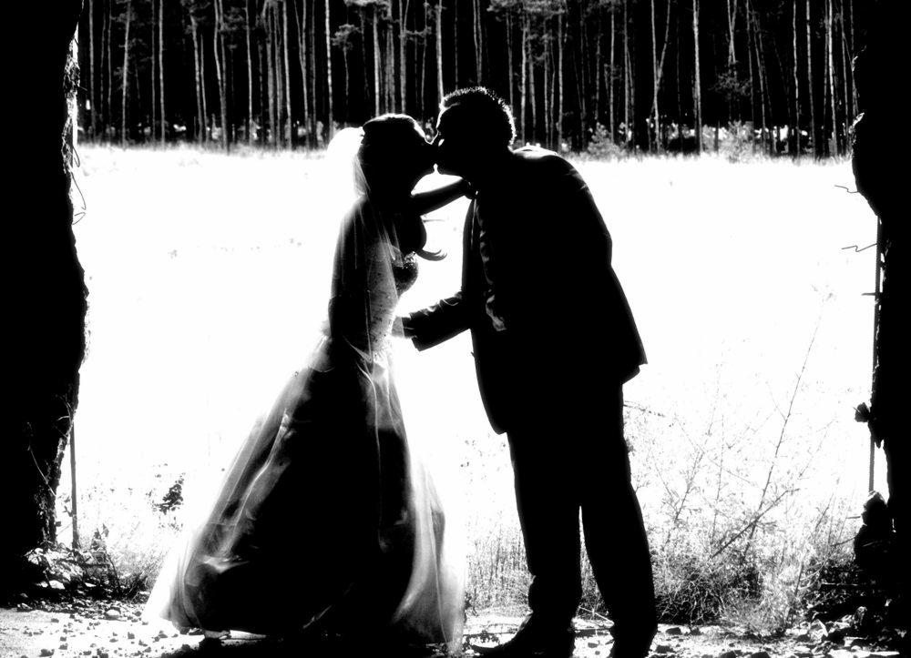 Silhouettes of a bride in a flowing gown and a groom in a suit kissing against a bright, blurred forest backdrop, framed by a dark, rough doorway.