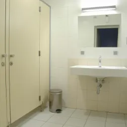 Publiczna toaleta z kabinami, umywalką i lustrem, wykończona białymi płytkami.