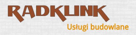 Logo firmy RADKLINK Usługi budowlane, brązowe litery z ukośnymi elementami, pomarańczowy napis 'Usługi budowlane'.
