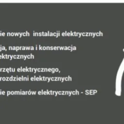 Grafika informacyjna: Wykonywanie nowych instalacji, modernizacja i konserwacja, montaż osprzętu i pomiary elektryczne, obok schematyczny rysunek szczypiec do kabli na szarym tle.