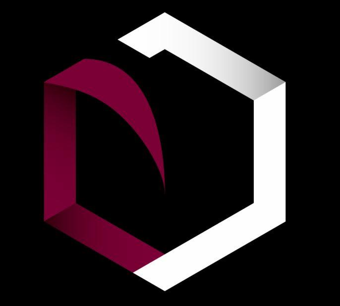 Abstrakcyjne logo przedstawiające sześciokąt z białych i bordowych elementów na czarnym tle.