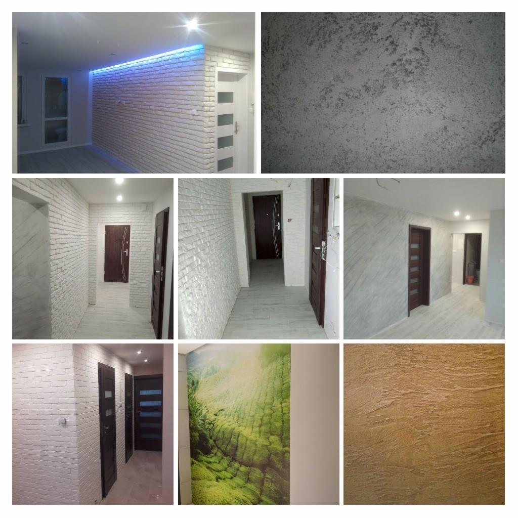 Kolaż przedstawiający wnętrza po renowacji: ściany z białej cegły z oświetleniem LED, korytarze z drewnianymi drzwiami, abstrakcyjna szara tekstura ściany, fototapeta z motywem górskiego krajobrazu...