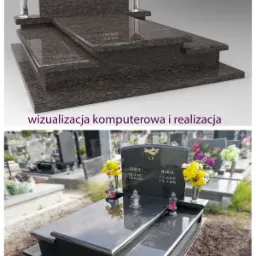 Porównanie wizualizacji 3D zrealizowanego projektu: ciemny, dwupoziomowy pomnik z granitu z inskrypcjami imion i dat oraz wazonami na kwiaty, umieszczony na cmentarzu. Widoczny nagrobek w otoczeniu...