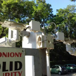 Dwie kamery monitoringu zamontowane na metalowej konstrukcji przy wjeździe, widoczny znak 'SOLID SECURITY', samochody w tle.