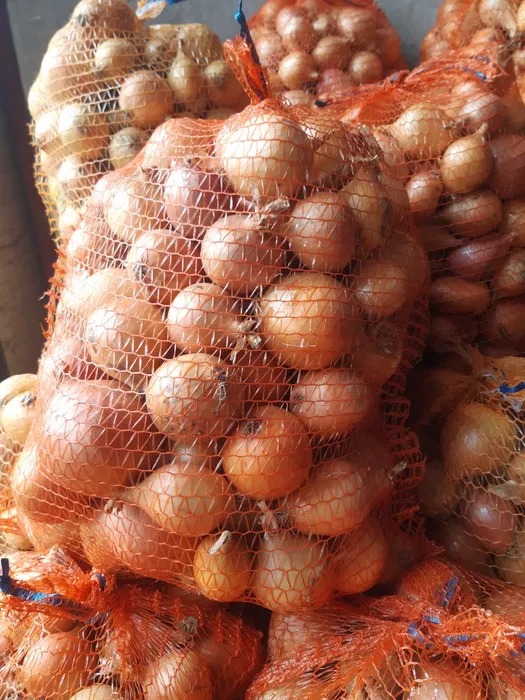 Siatki z pomarańczową cebulą, widoczne drobne korzonki i łuski, ustawione jedna na drugiej, z widocznym fragmentem niebieskiego sznurka przy jednej z siatek.