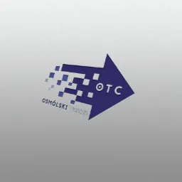Logo firmy transportowej Osmólski Transport Company z niebieską strzałką z pikseli i skrótem OTC na szarym tle.