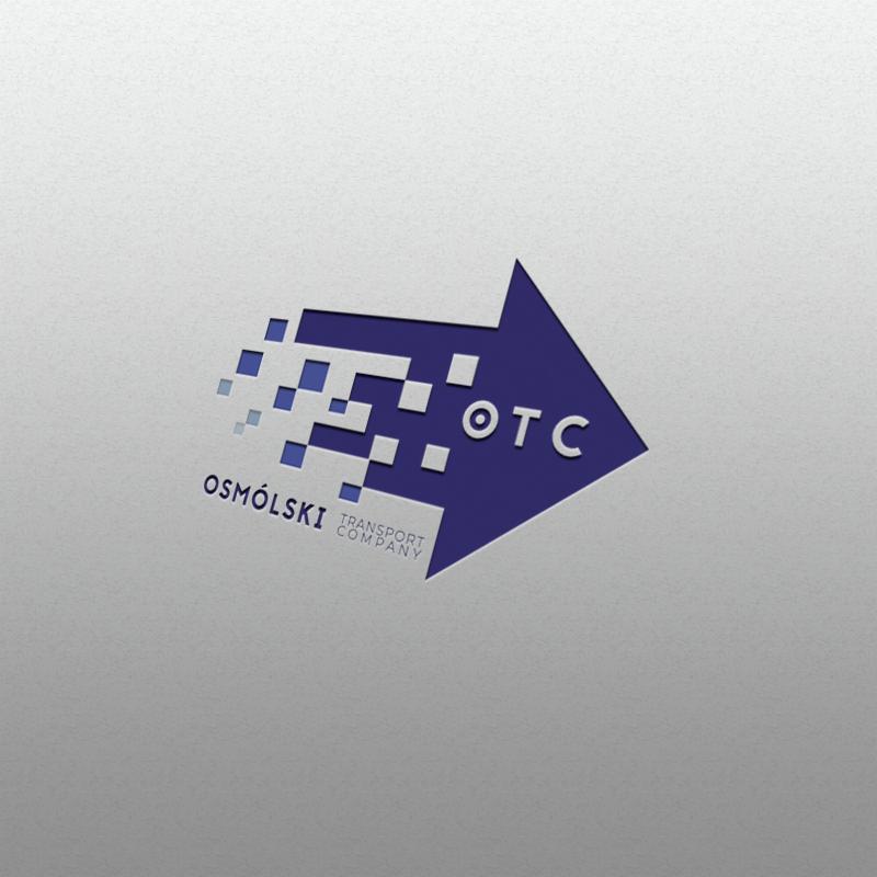Logo firmy transportowej Osmólski Transport Company z niebieską strzałką z pikseli i skrótem OTC na szarym tle.