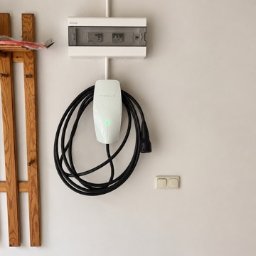 Amper-Wolt - Biała ładowarka Tesla Wall Connector z zieloną diodą i schludnie zwiniętym czarnym kablem, zainstalowana pod białą rozdzielnicą elektryczną. W tle drewniany wieszak.