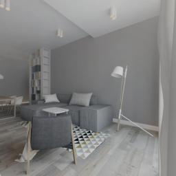 Paleta Form - Wizualizacja jasnego salonu z szarą sofą modułową, białą biblioteczką i drewnianym stołem jadalnym z białymi krzesłami, oświetlonego lampami sufitowymi i podłogową lampą z abażurem.