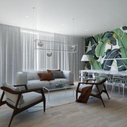 Paleta Form - Jasne, przestronne wnętrze z sofą, fotelami z drewnianymi ramami, długim stołem z białymi krzesłami i ścianą z motywem tropikalnych liści; nowoczesny design z marmurowym wykończeniem ściany...