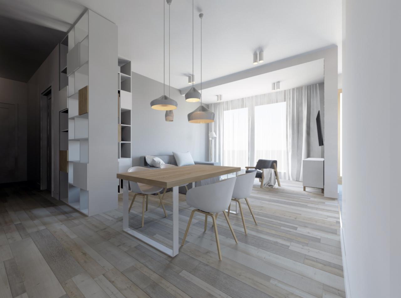 Jasne wnętrze mieszkania z drewnianą podłogą, stołem jadalnym z białymi krzesłami, szarą sofą i regałem z półkami w tle, oświetlone wiszącymi lampami