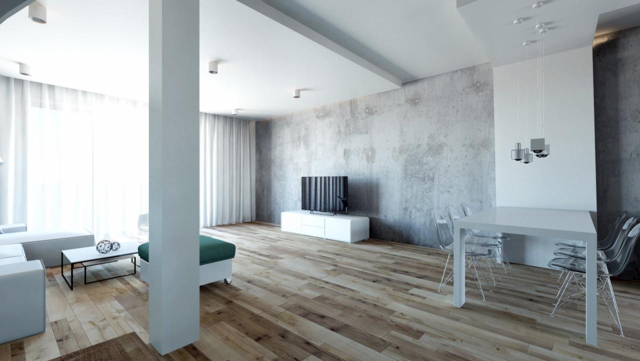 Jasne, przestronne wnętrze mieszkania w stylu minimalistycznym z drewnianą podłogą, betonową ścianą, białymi meblami i przezroczystymi krzesłami przy stole, oświetlone nowoczesnymi lampami.