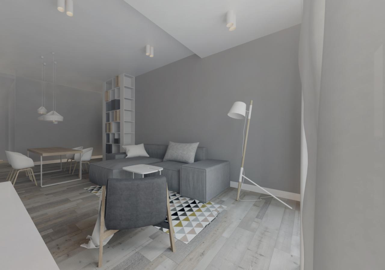 Wizualizacja jasnego salonu z szarą sofą modułową, białą biblioteczką i drewnianym stołem jadalnym z białymi krzesłami, oświetlonego lampami sufitowymi i podłogową lampą z abażurem.