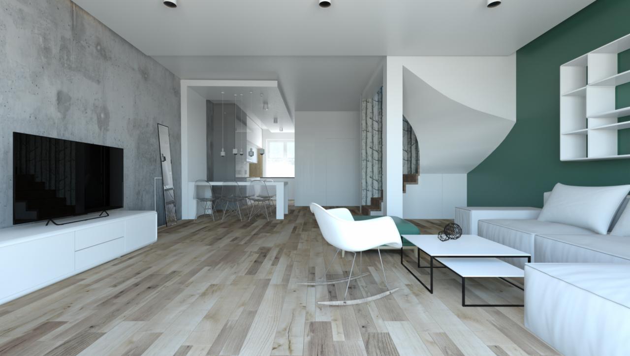 Nowoczesny salon z betonową ścianą, białymi meblami, drewnianą podłogą i schodami z motywem brzozy.