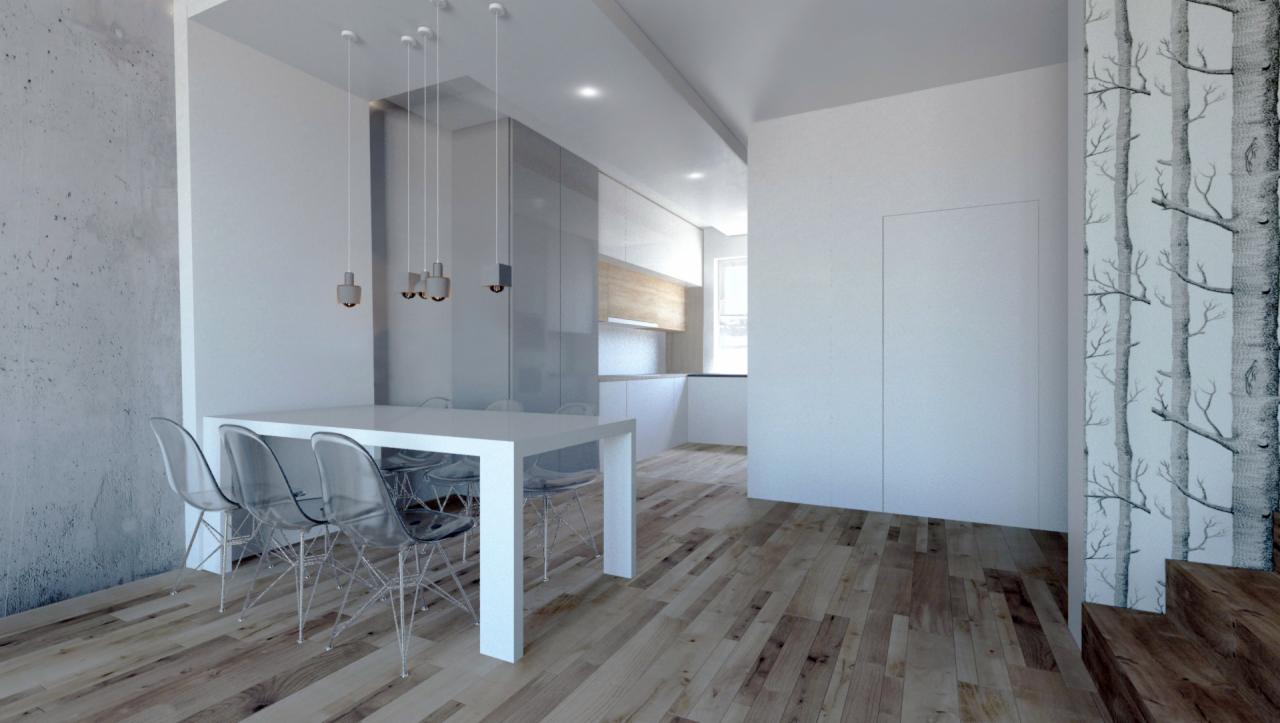 Minimalistyczna jadalnia z białym stołem i przezroczystymi krzesłami Eames, betonowa ściana kontrastuje z tapetą w motywie brzozowego lasu, drewniana podłoga w odcieniach beżu, w tle widoczna...