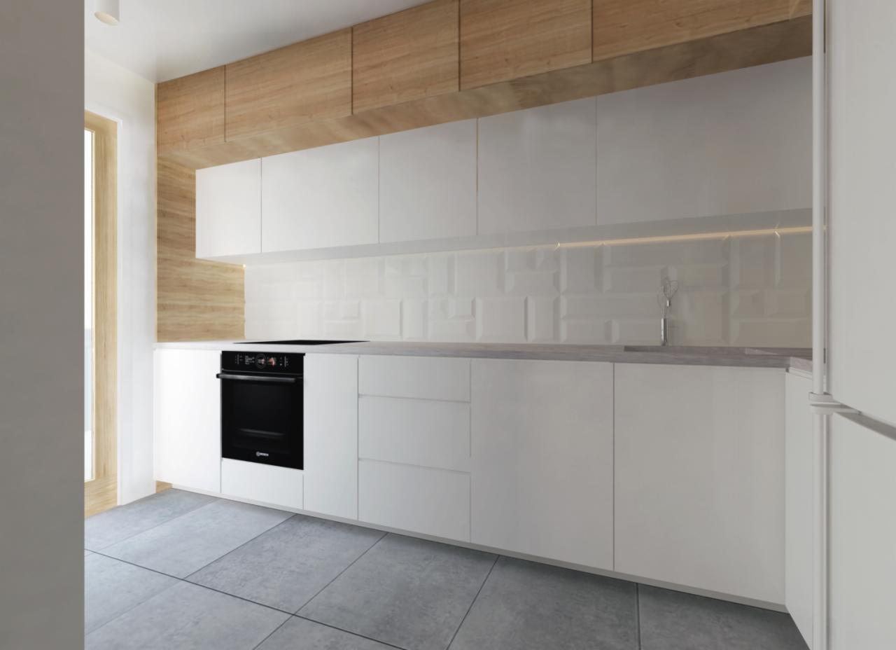 Minimalistyczna kuchnia z białymi, gładkimi frontami szafek, drewnianym panelem nad szafkami wiszącymi i szarą podłogą z płytek. Podświetlenie LED umieszczone pod szafkami wiszącymi oświetla...