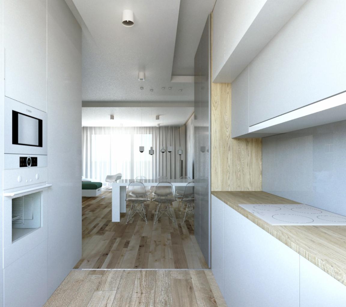 Wnętrze jasnej kuchni otwartej na salon z parkietem, białymi meblami, przezroczystymi krzesłami i wiszącymi lampami.