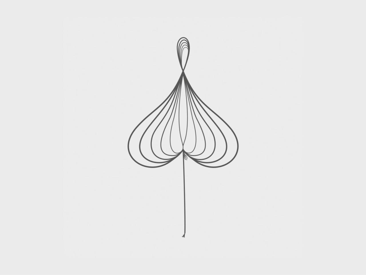 Abstrakcyjny rysunek przedstawiający stylizowany kształt przypominający liść lub płomień, utworzony z powtarzających się linii na jasnoszarym tle.