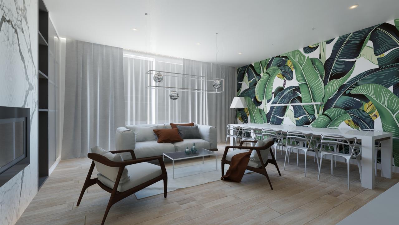 Jasne, przestronne wnętrze z sofą, fotelami z drewnianymi ramami, długim stołem z białymi krzesłami i ścianą z motywem tropikalnych liści; nowoczesny design z marmurowym wykończeniem ściany...