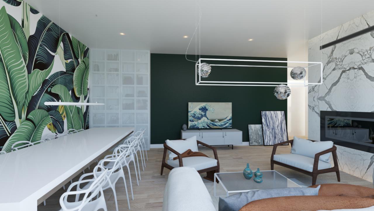 Wizualizacja przestronnego salonu z długim białym stołem, krzesłami z tworzywa, ścianą z motywem tropikalnych liści, ciemnozieloną ścianą z obrazem fali i marmurową ścianą z kominkiem.