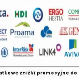 Zestawienie logotypów różnych firm ubezpieczeniowych, z hasłem 'dodatkowe zniżki promocyjne do -70%' na dole.