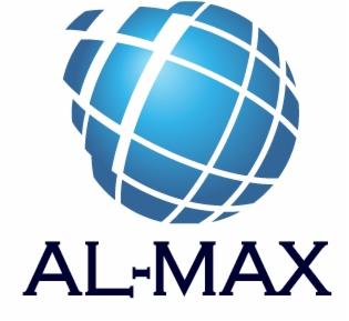 Logo firmy AL-MAX z motywem niebieskiej kuli ziemskiej w tle, symbolizujące globalny zasięg usług.
