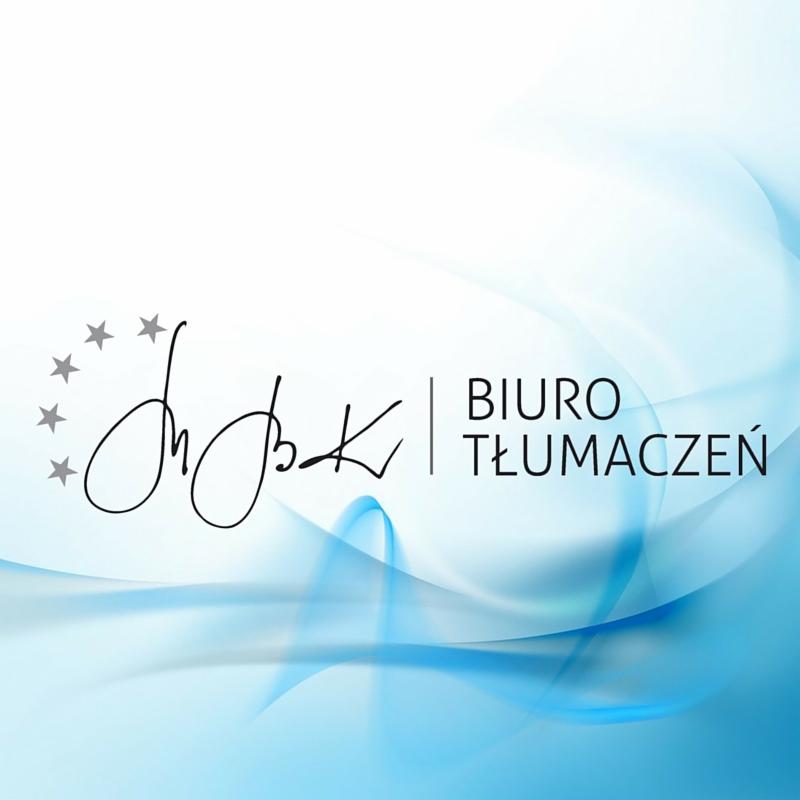 Logo biura tłumaczeń z podpisem, gwiazdami i abstrakcyjnym, niebieskim tłem.