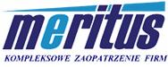 Logo firmy Meritus z napisem 'KOMPLEKSOWE ZAOPATRZENIE FIRM' w kolorze granatowym i turkusowym na białym tle.