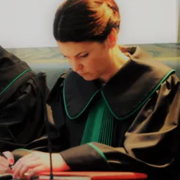 Kobieta w todze adwokackiej z zielonym żabotem, pochylona nad dokumentami i pisząca długopisem na biurku podczas rozprawy.