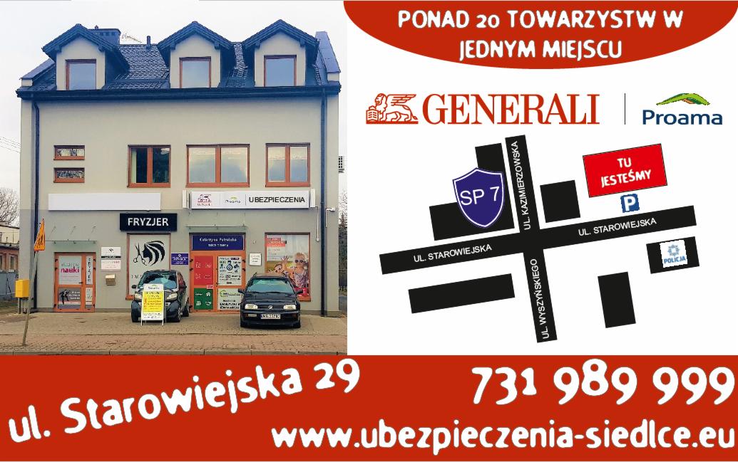 Budynek z szyldami firm, w tym szyld 'Ubezpieczenia' i logo Generali oraz Proama, z mapą dojazdu i numerem telefonu na czerwonym tle.