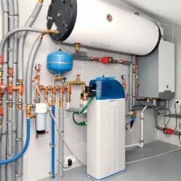 Kotłownia z piecem, zasobnikiem ciepłej wody, zmiękczaczem wody i rozbudowaną instalacją hydrauliczną z licznymi zaworami i rurami w izolacji, na tle szarej, kafelkowanej ściany.