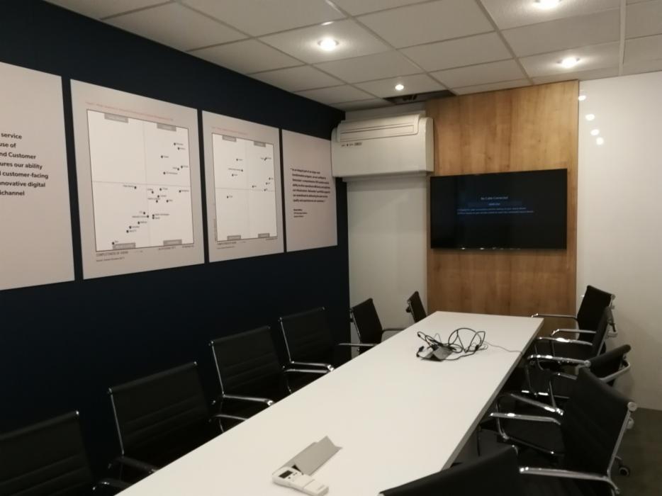 Nowoczesna sala konferencyjna z długim białym stołem, czarnymi krzesłami, ścianą z ciemnego granatu z powieszonymi wykresami, drewnianym panelem za telewizorem i klimatyzacją podsufitową.