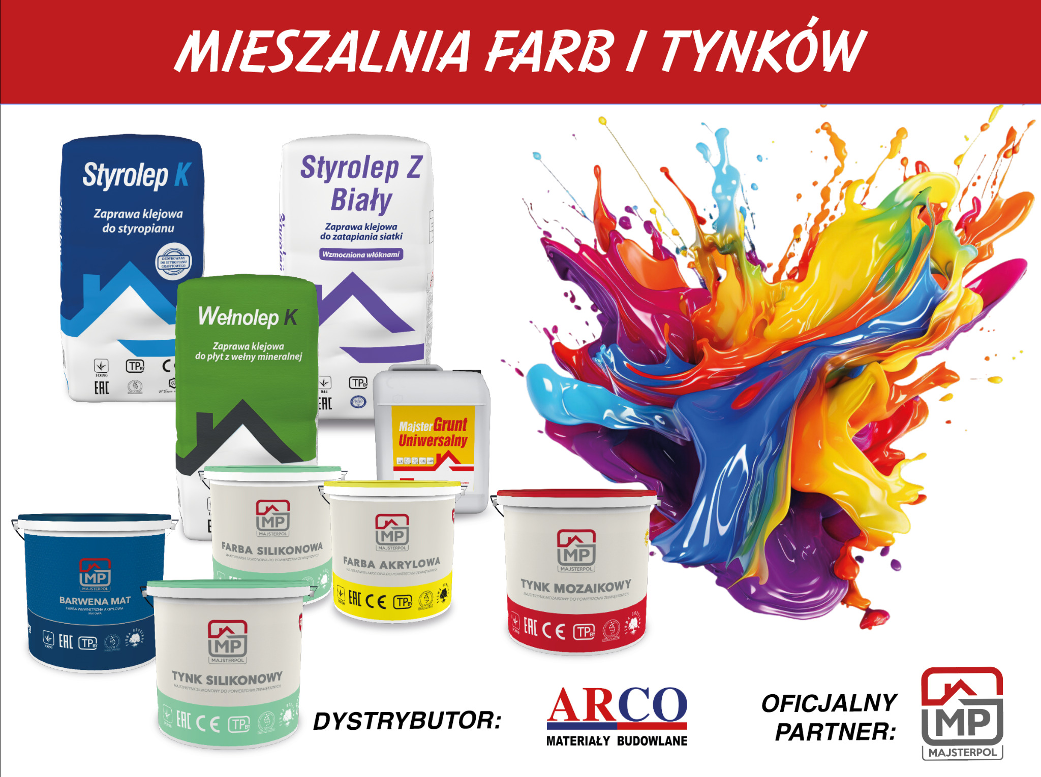Wizualizacja materiałów budowlanych Majsterpol: kleje do styropianu i wełny mineralnej, farby silikonowe i akrylowe, grunt uniwersalny oraz tynki mozaikowe i silikonowe, z dynamicznym efektem...